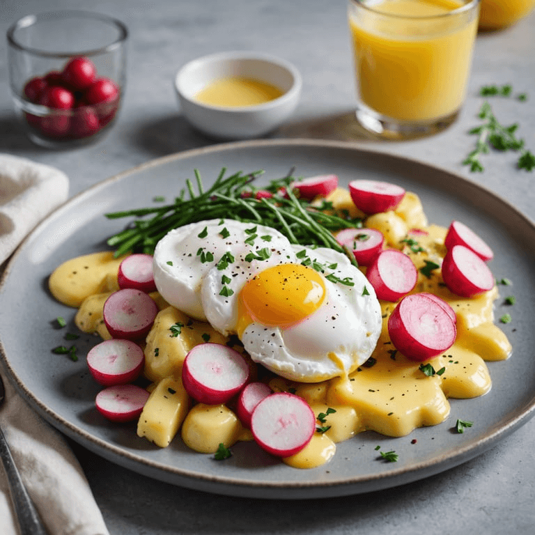 Keto Radish Hash with Poached Eggs and Hollandaise