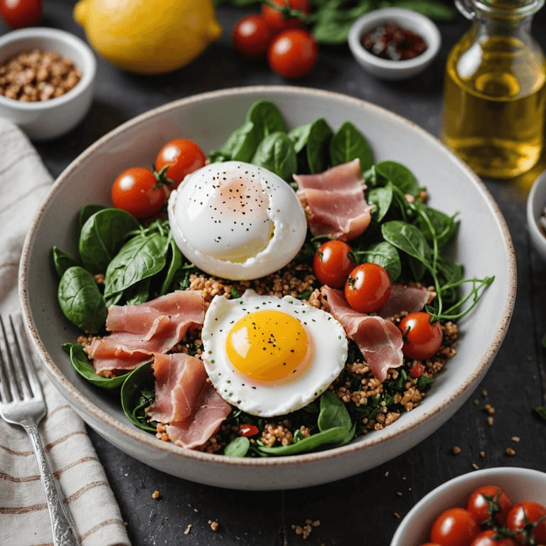 Breakfast Quinoa Bowl with Poached Egg and Prosciutto